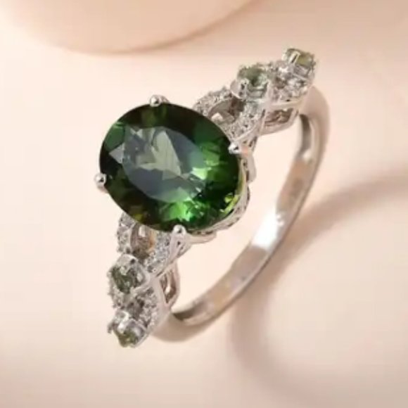 Natural Green Apatite/White Zircon in Platinum Over Sterling Silver - Picture 1 of 5